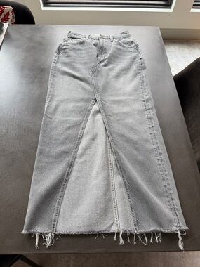 Etica High-Waist Gray Denim Maxi Skirt with Frayed Hem